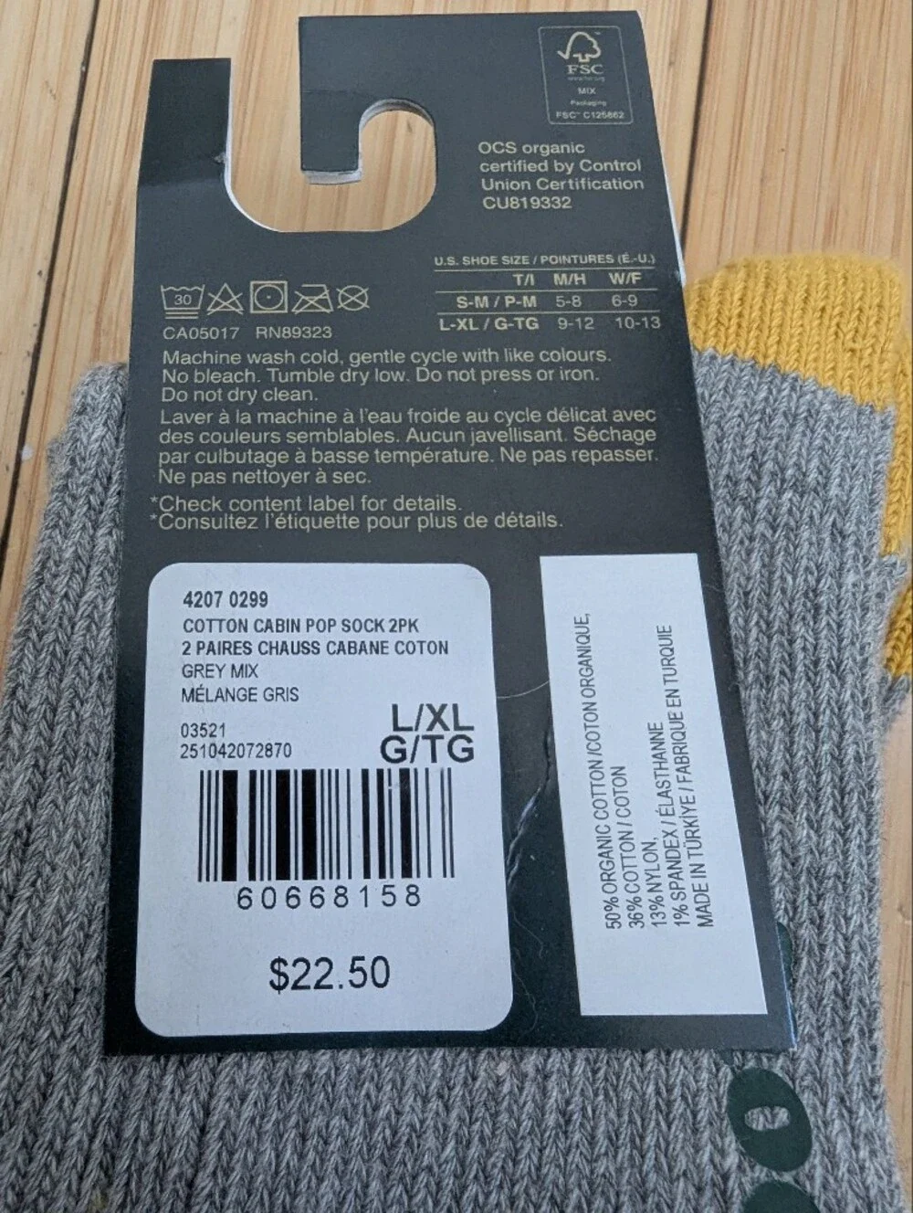 Roots Cabin Men's Grey Crew Socks with Yellow Accents